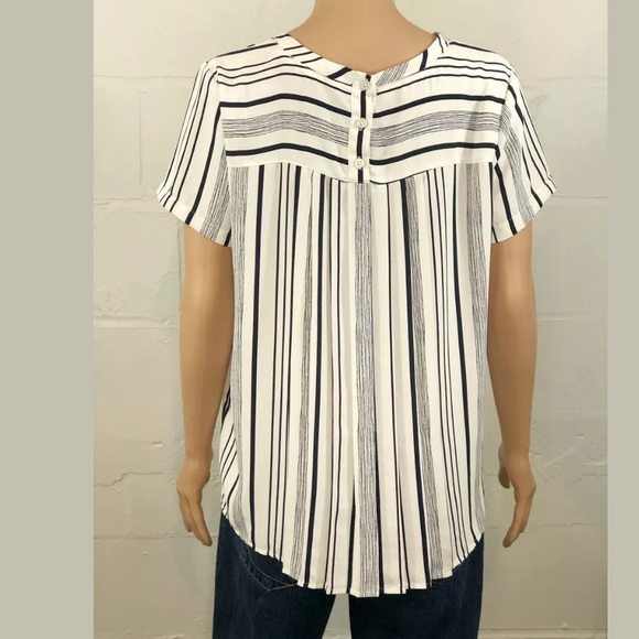 Ann Taylor Loft Stripe Pleated Back Top Navy Ivory - Picture 3 of 6